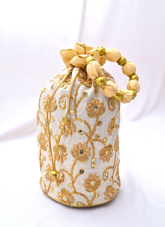 Cream Art Silk Embroidered Potli For Women