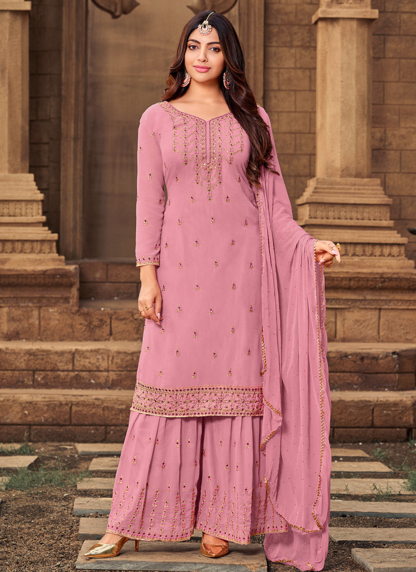 Pink Faux Georgette Embroidered Designer Sarara Kameez