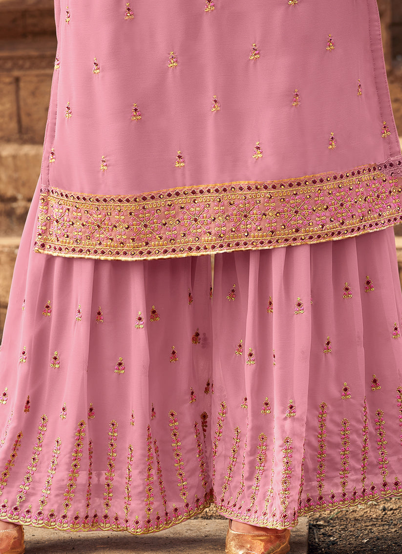 Pink Faux Georgette Embroidered Designer Sarara Kameez