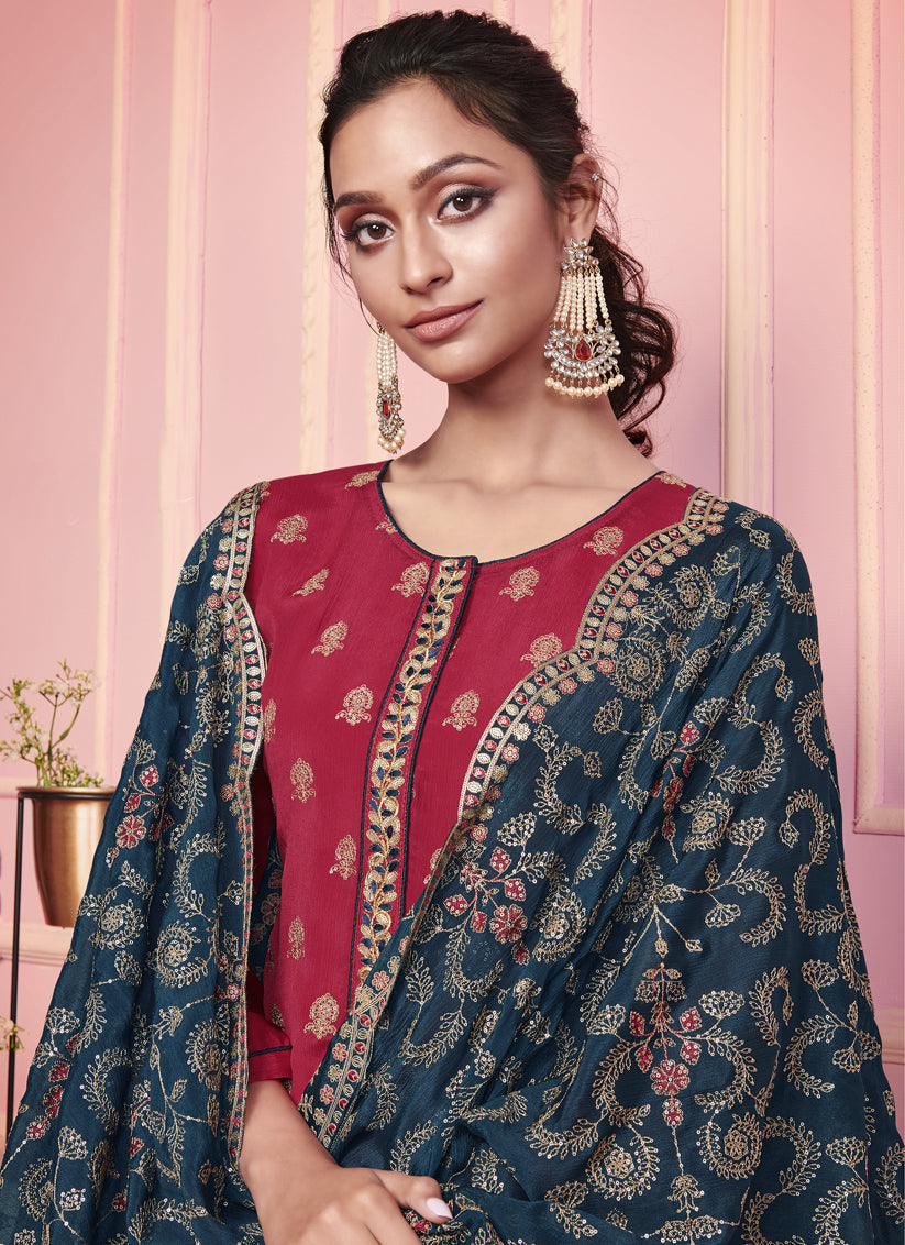 Red Georgette Embroidered Ready Made Pant Kameez Set