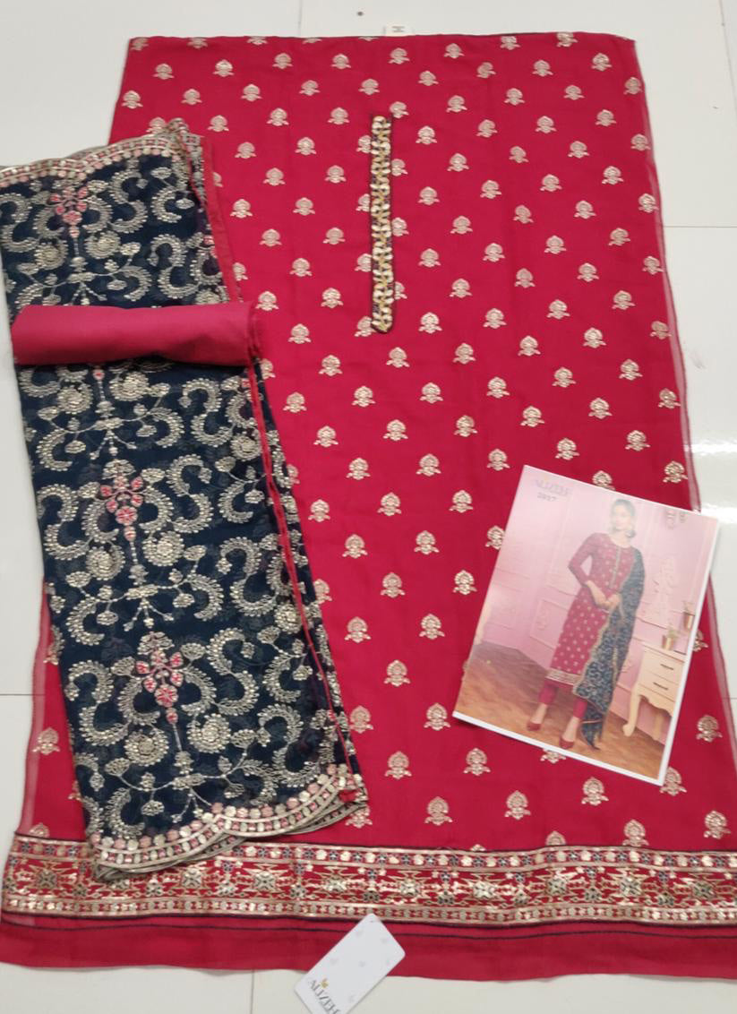 Red Georgette Embroidered Ready Made Pant Kameez Set