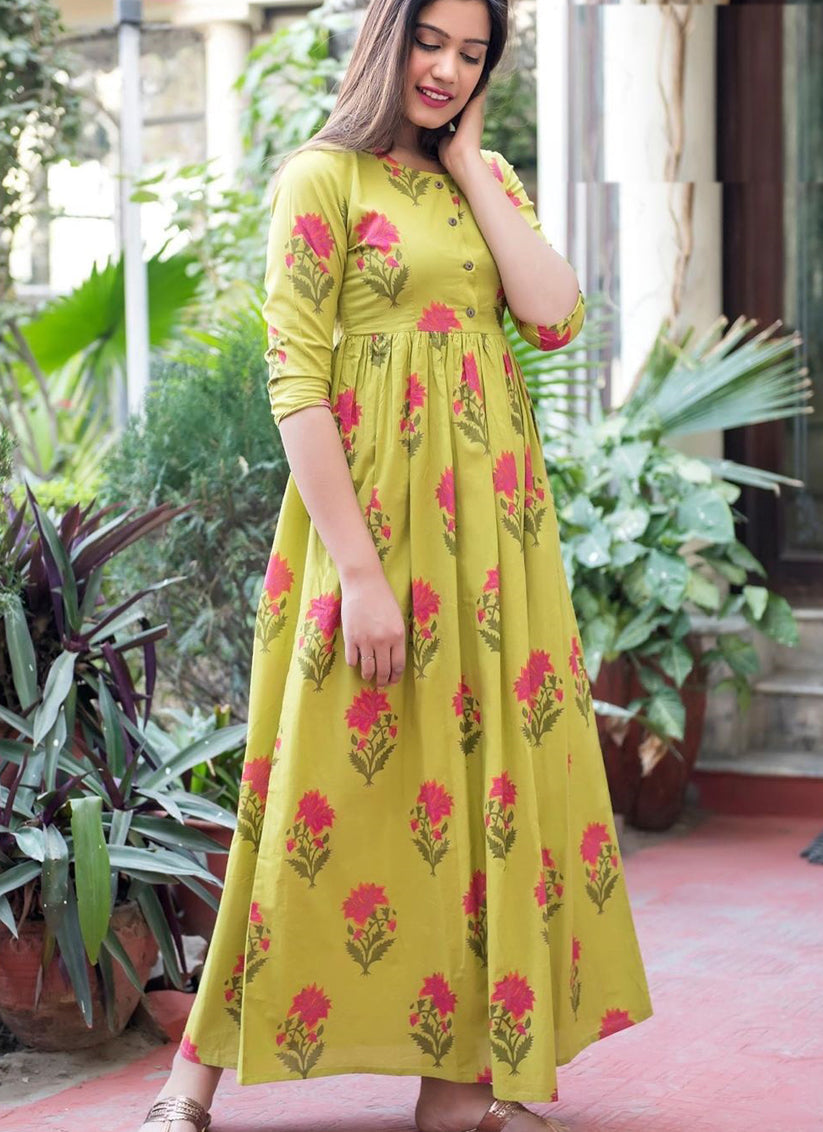Lime Green Pure Muslin Printed Ready Made Gown