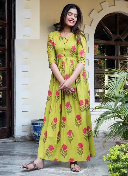 Lime Green Pure Muslin Printed Ready Made Gown