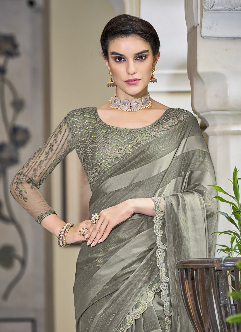 Sage Grey Chinnon Embroidered Party Wear Saree