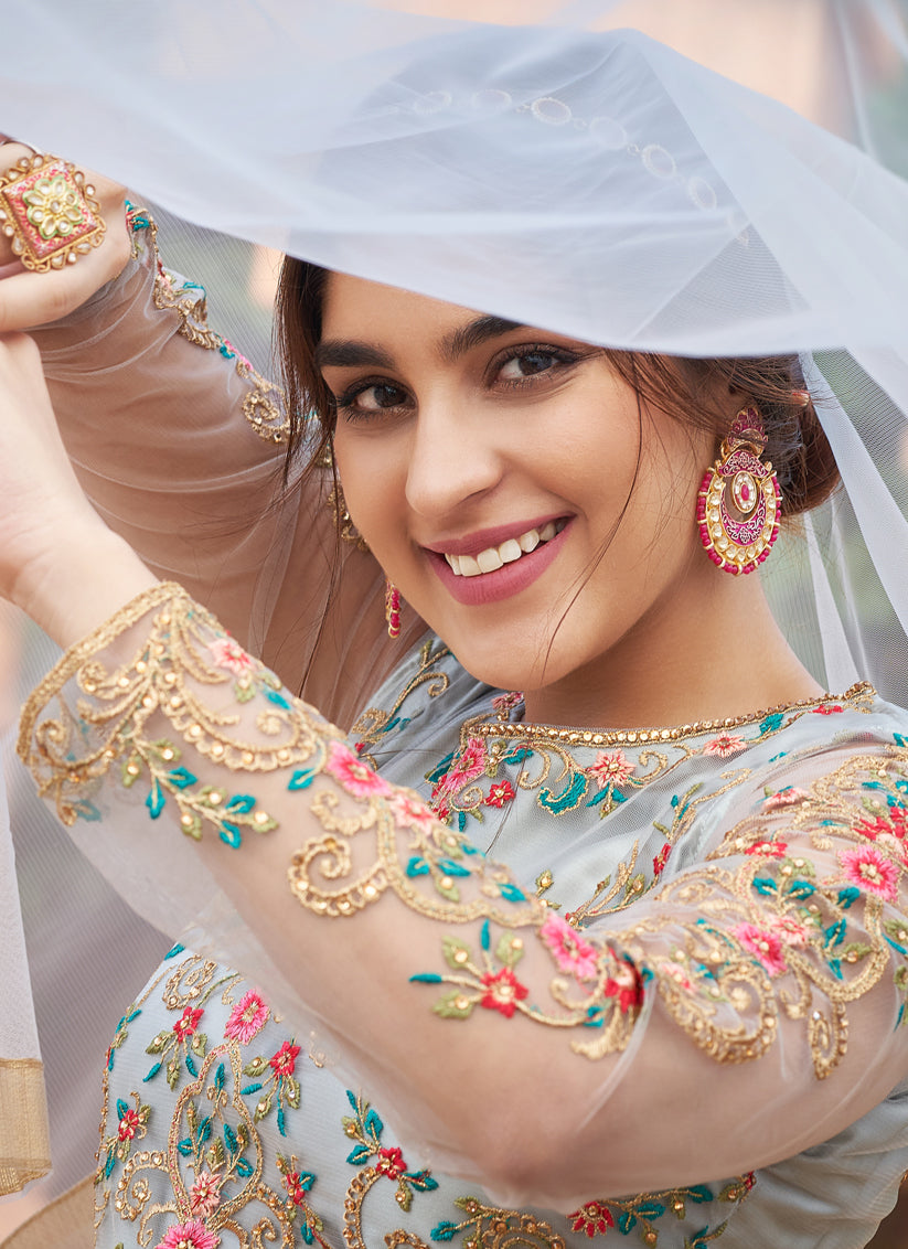 Silver Grey Net Embroidered Designer Ready Made Anarkali Suit