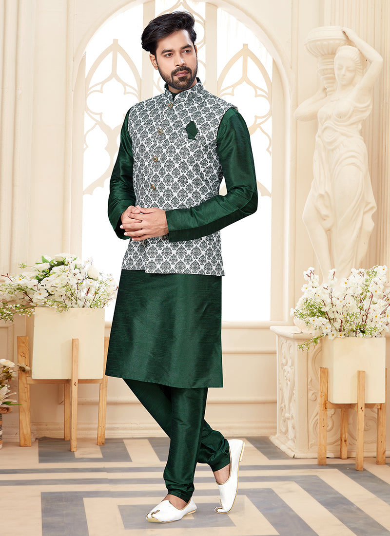Pine Green Silk Dupion Mens Kurta Set with Jacquard Jacket