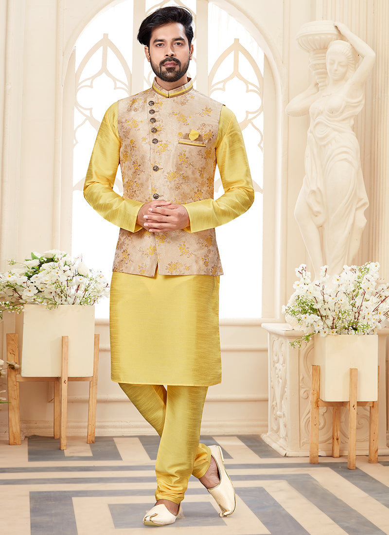 Lemon Yellow Silk Dupion Mens Kurta Set with Jacquard Jacket
