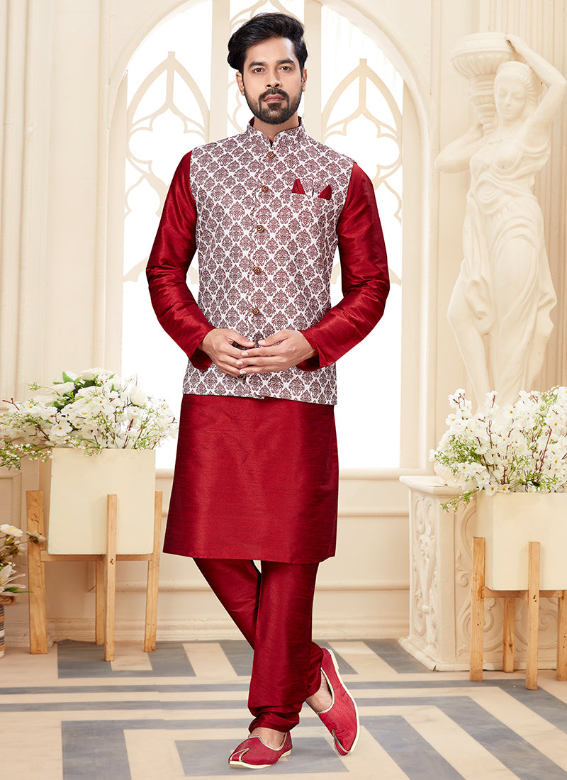 Maroon Silk Dupion Mens Kurta Set with Jacquard Jacket