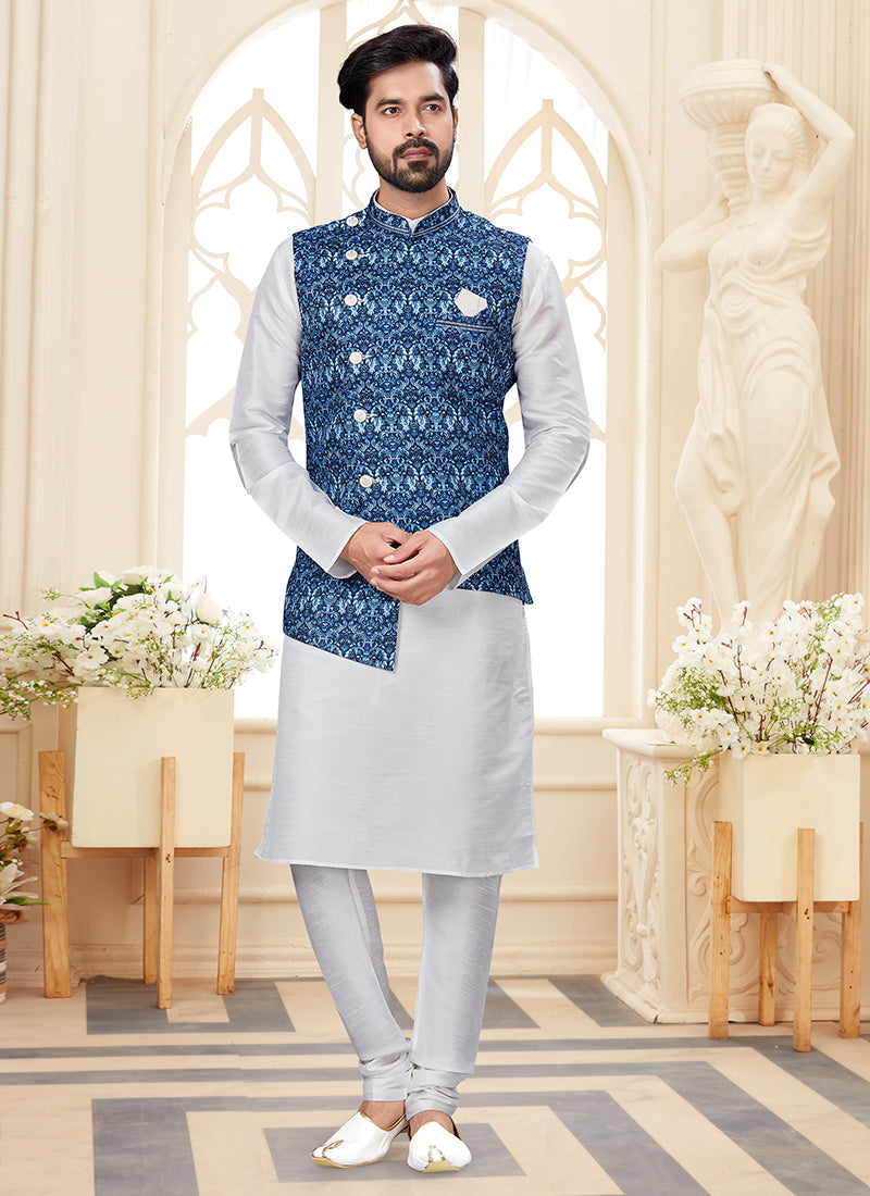 Pearl White Silk Dupion Mens Kurta Set with Jacquard Jacket
