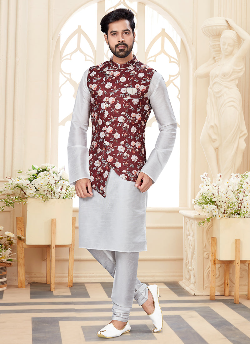 Pearl White Silk Dupion Mens Kurta Set with Jacquard Jacket