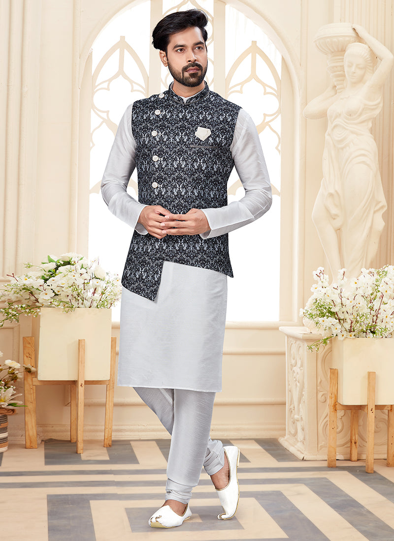 White Silk Dupion Mens Kurta Set with Jacquard Jacket
