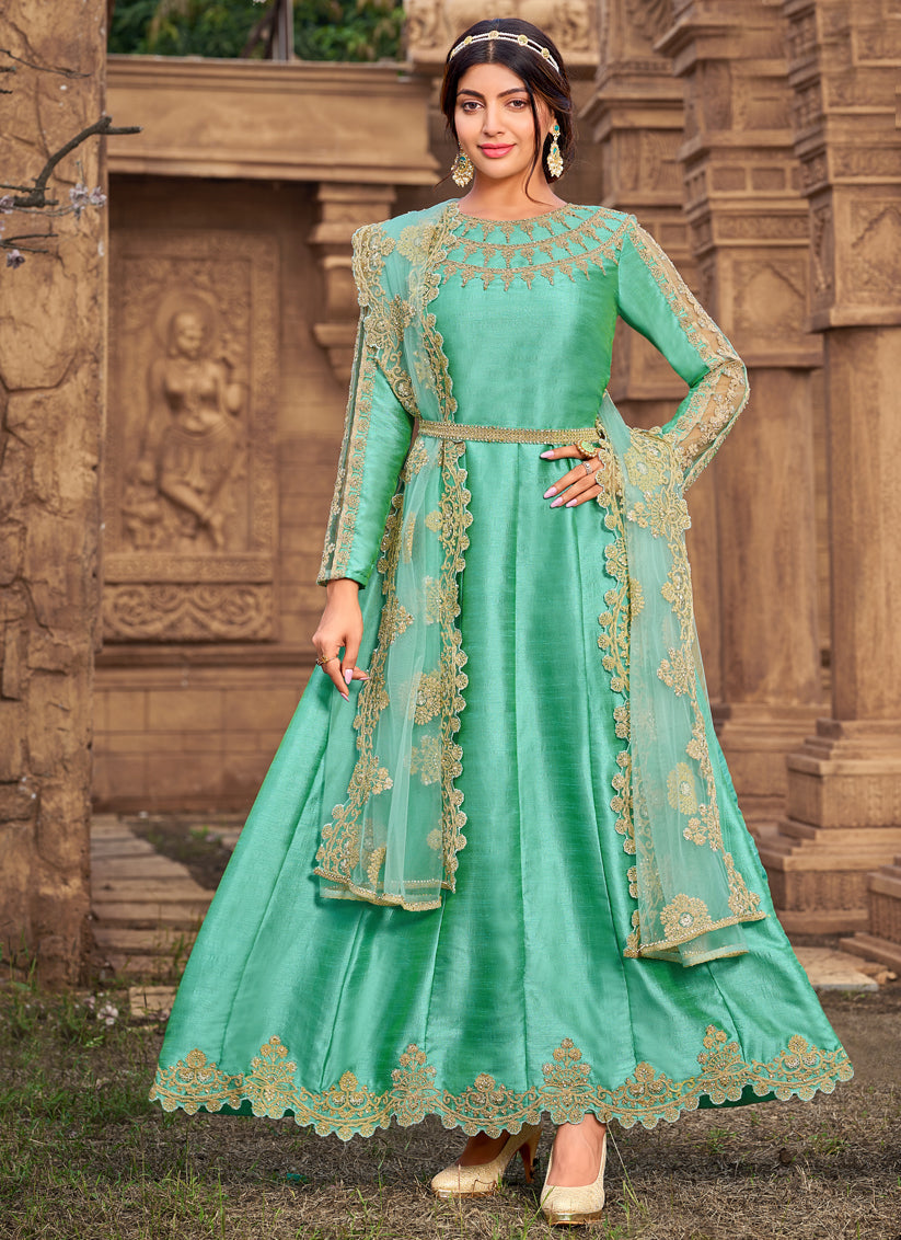 Turquoise Art Silk Embroidered Ready Made Designer Anarkali Suit