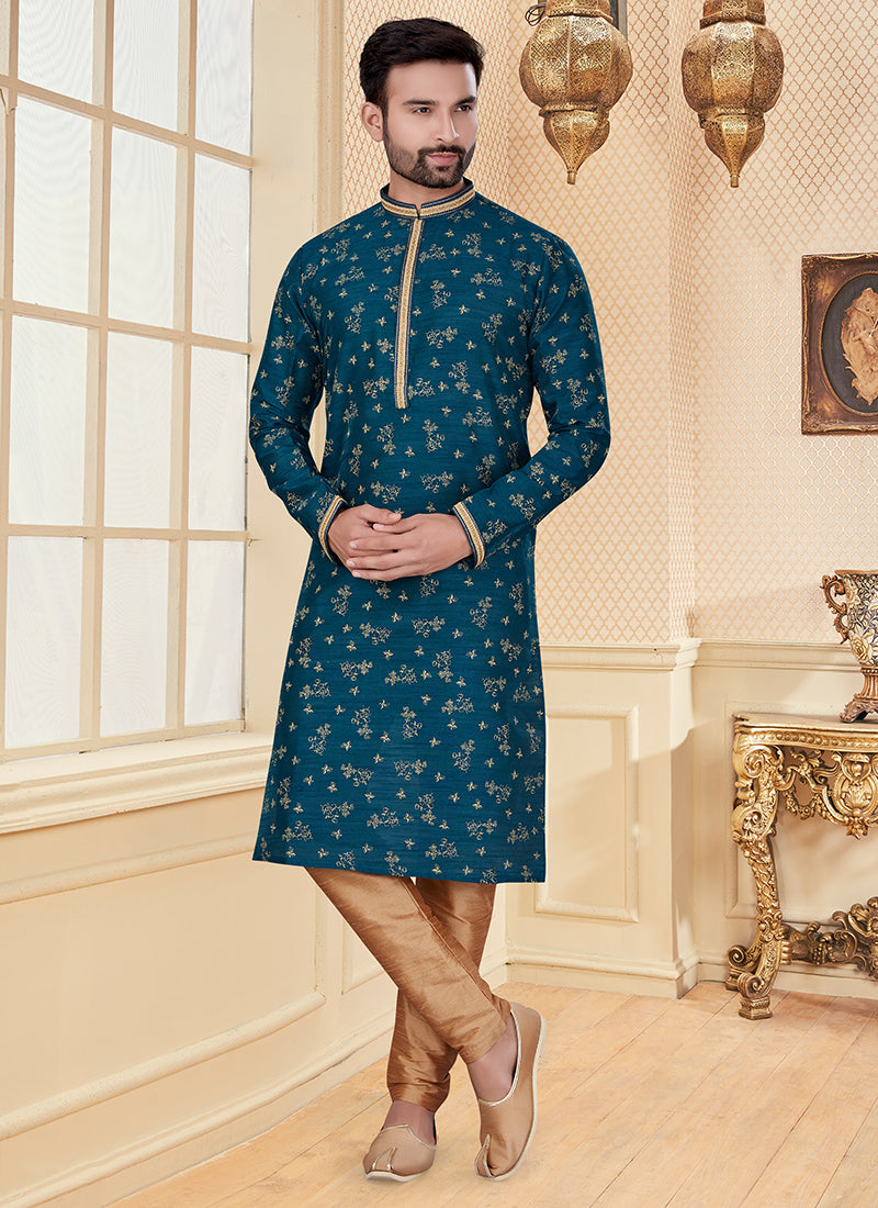 Teal Green Jacquard Printed Mens Kurta Set