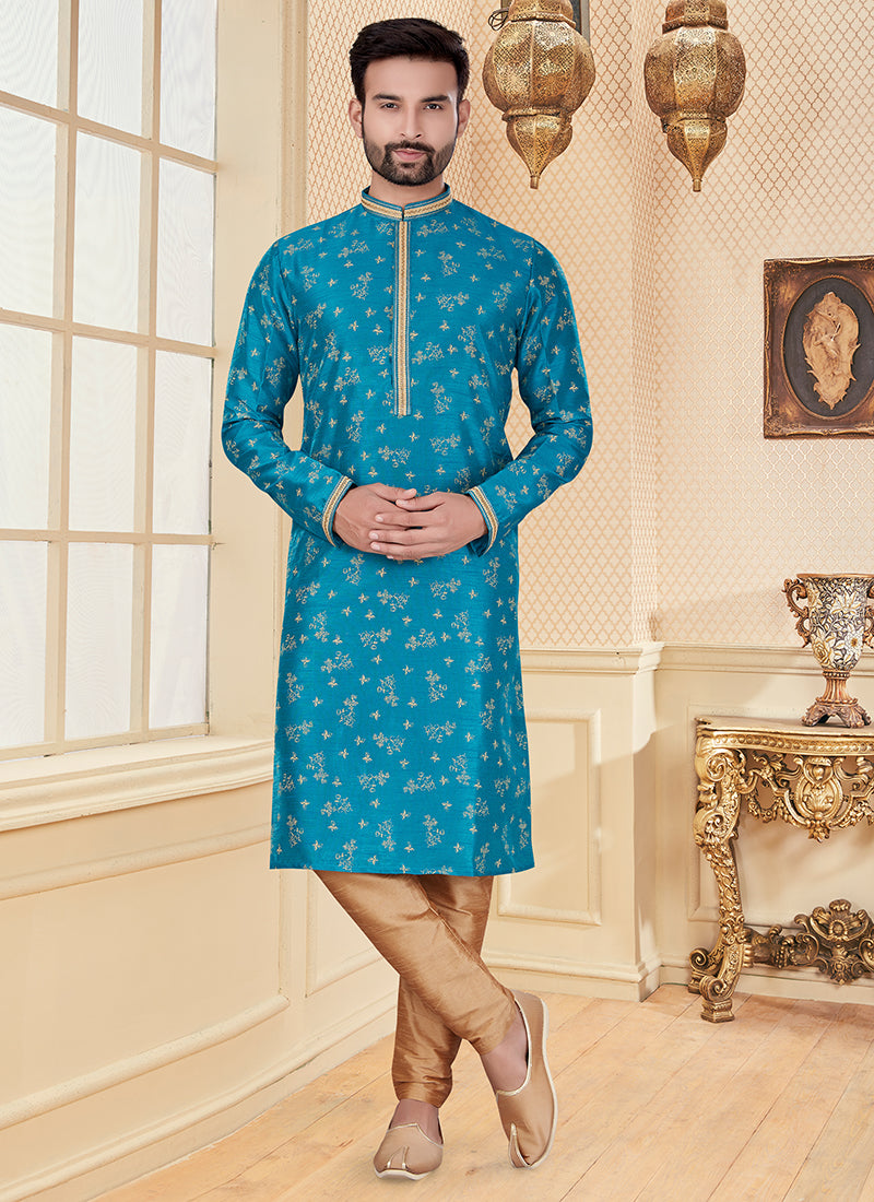 Firozi Silk Printed Mens Kurta Set