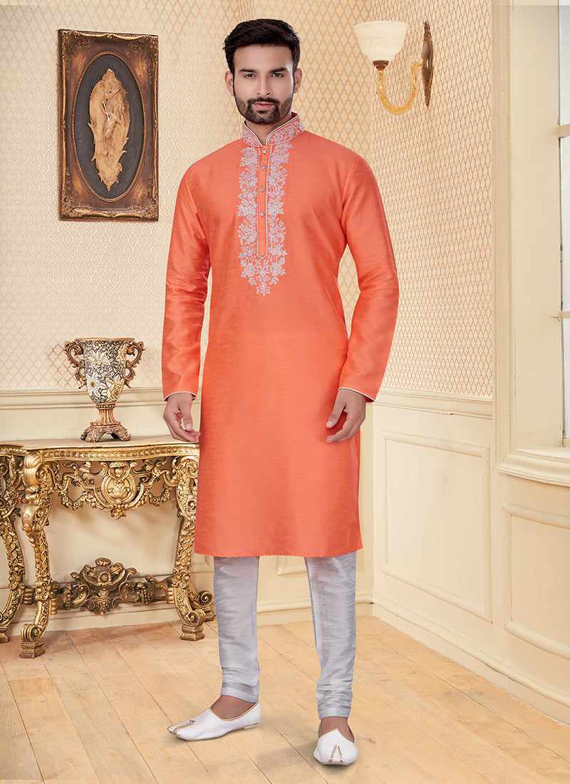 Light Orange Silk Dupion Embroidered Mens Kurta Set