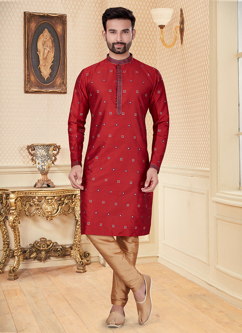 Maroon Silk Mens Kurta Set