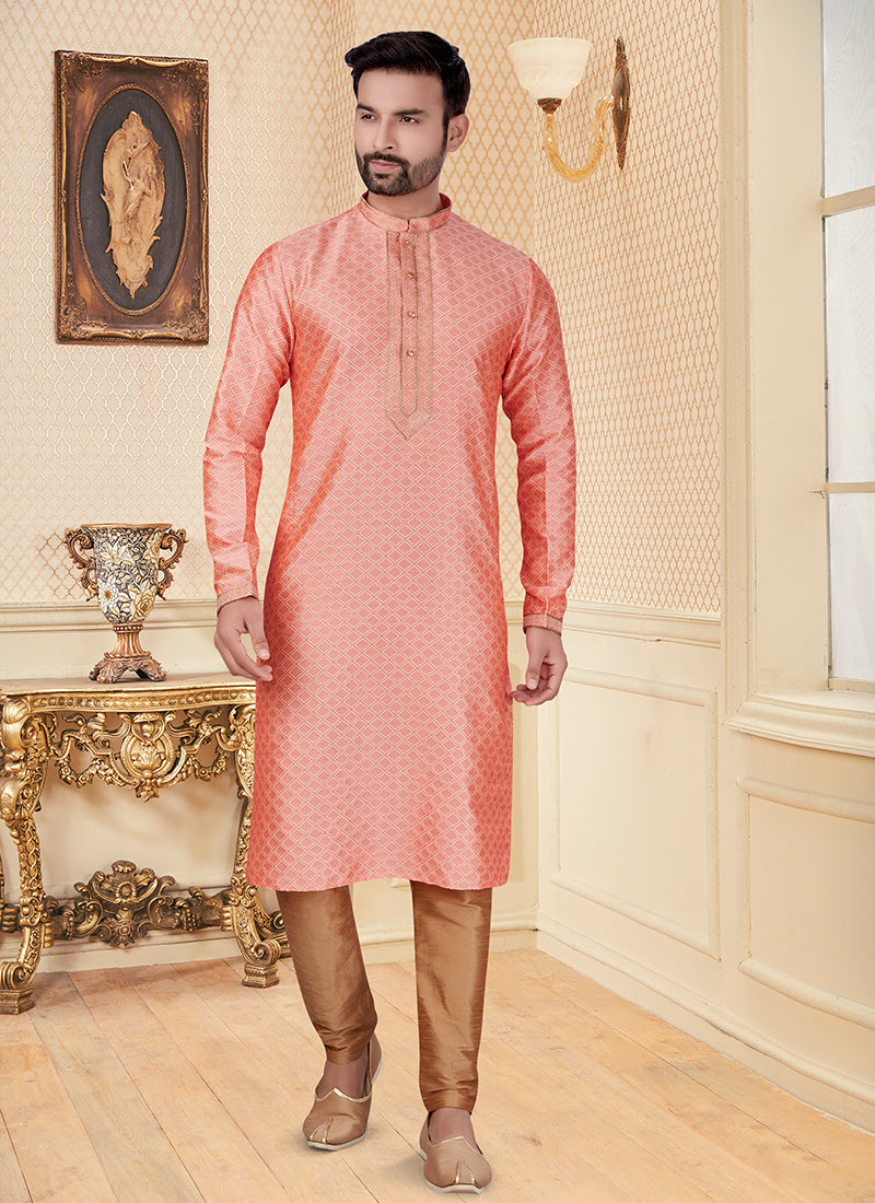 Peach Jacquard Mens Kurta Set