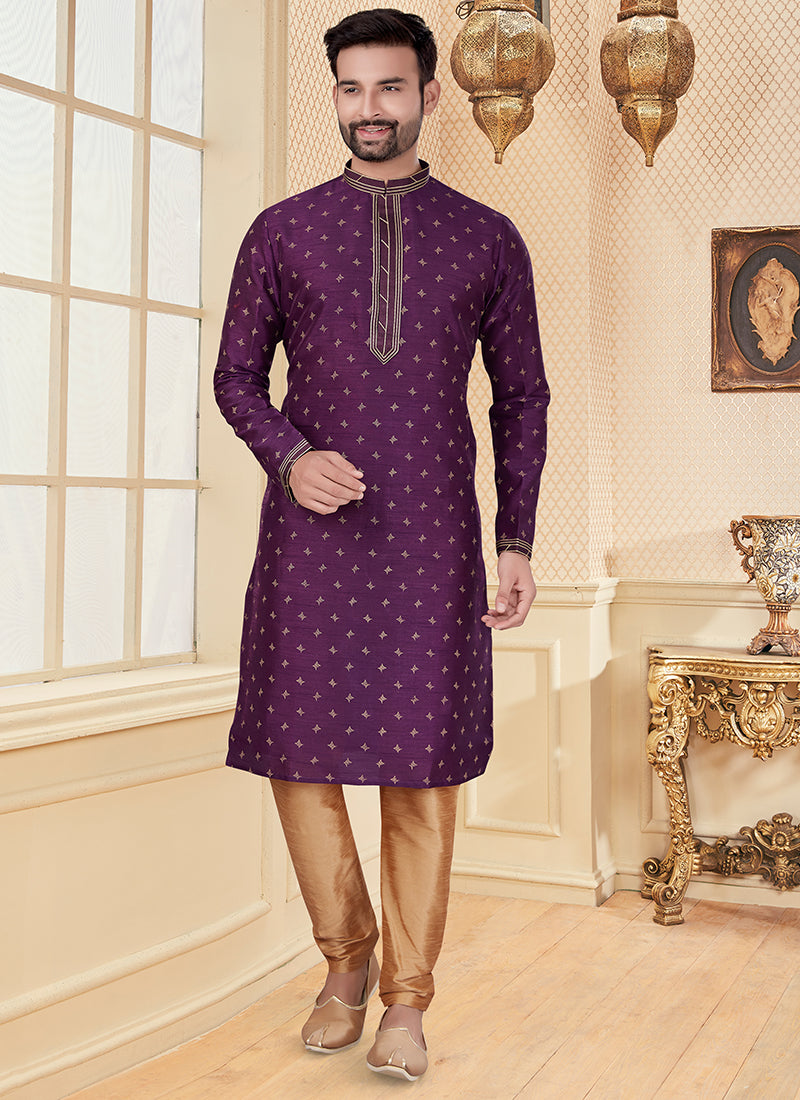 Purple Silk Dupion Embroidered Mens Kurta Set