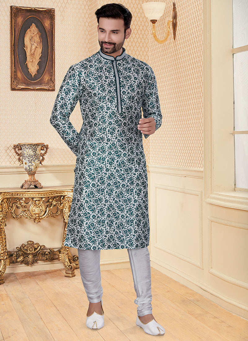 White and Green Silk Mens Kurta Set