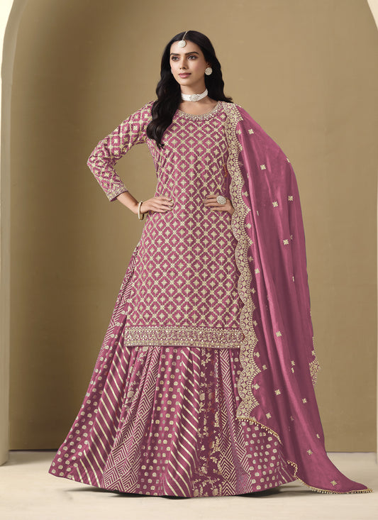 Pink Art Silk Embroidered Readymade Lehenga Kameez