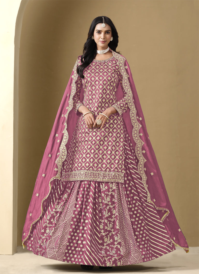 Pink Art Silk Embroidered Readymade Lehenga Kameez