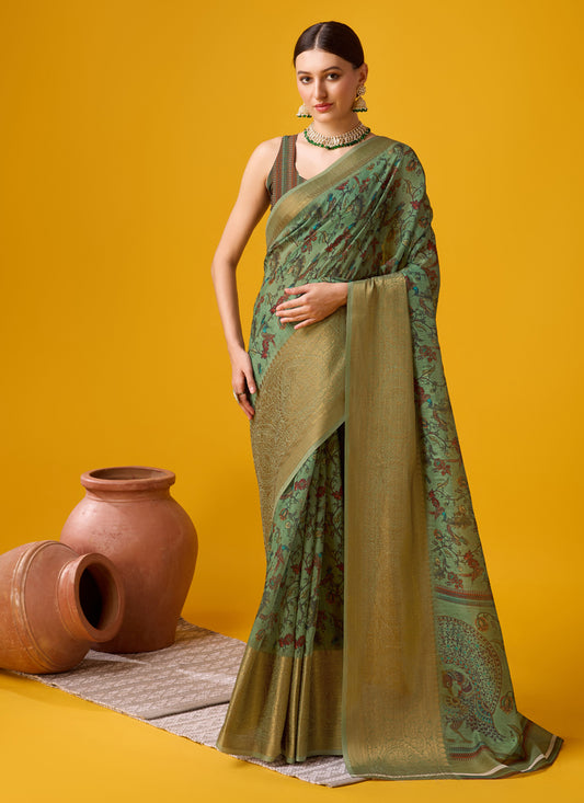 Moss Green Cotton Digital Print Saree