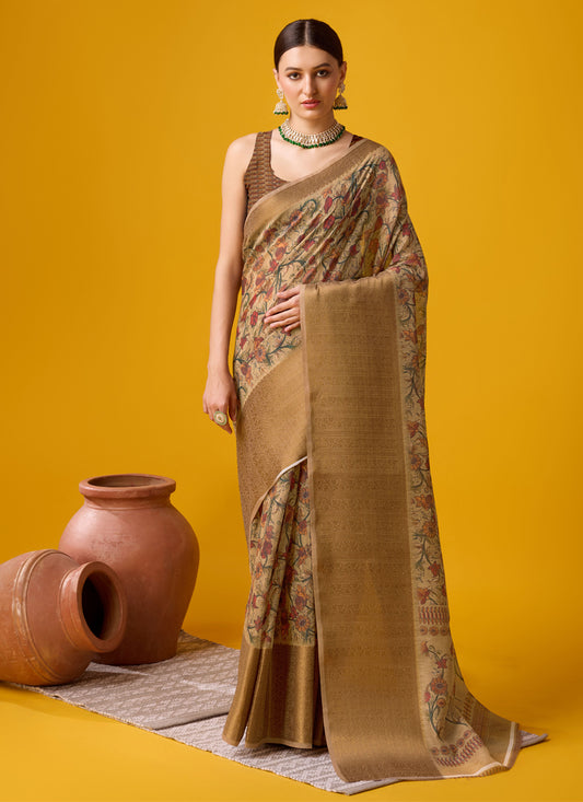 Beige Cotton Digital Print Saree