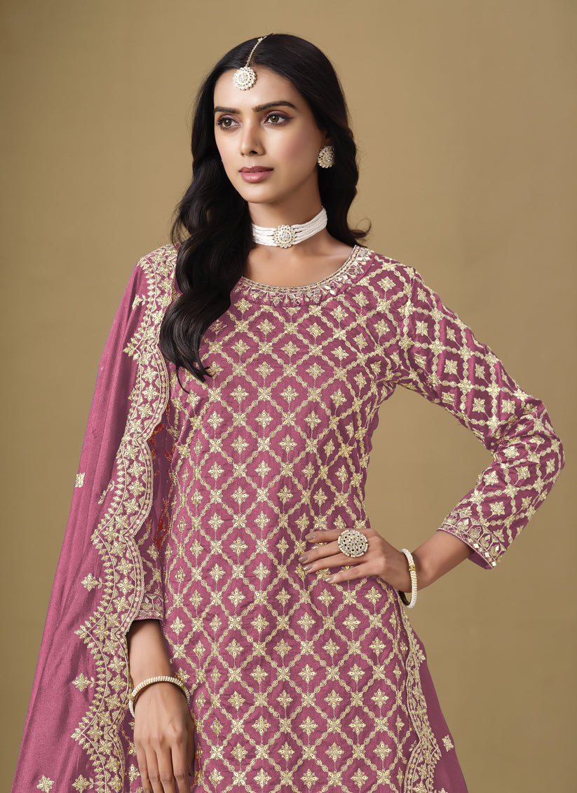 Pink Art Silk Embroidered Readymade Lehenga Kameez