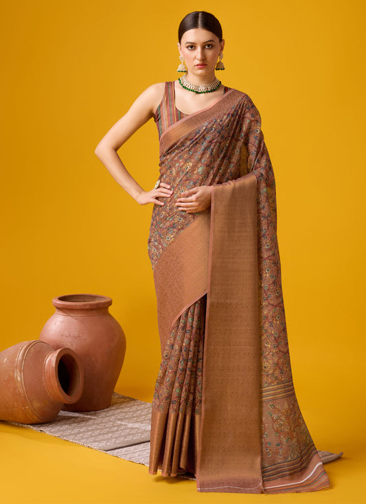 Snuff Brown Cotton Digital Print Saree