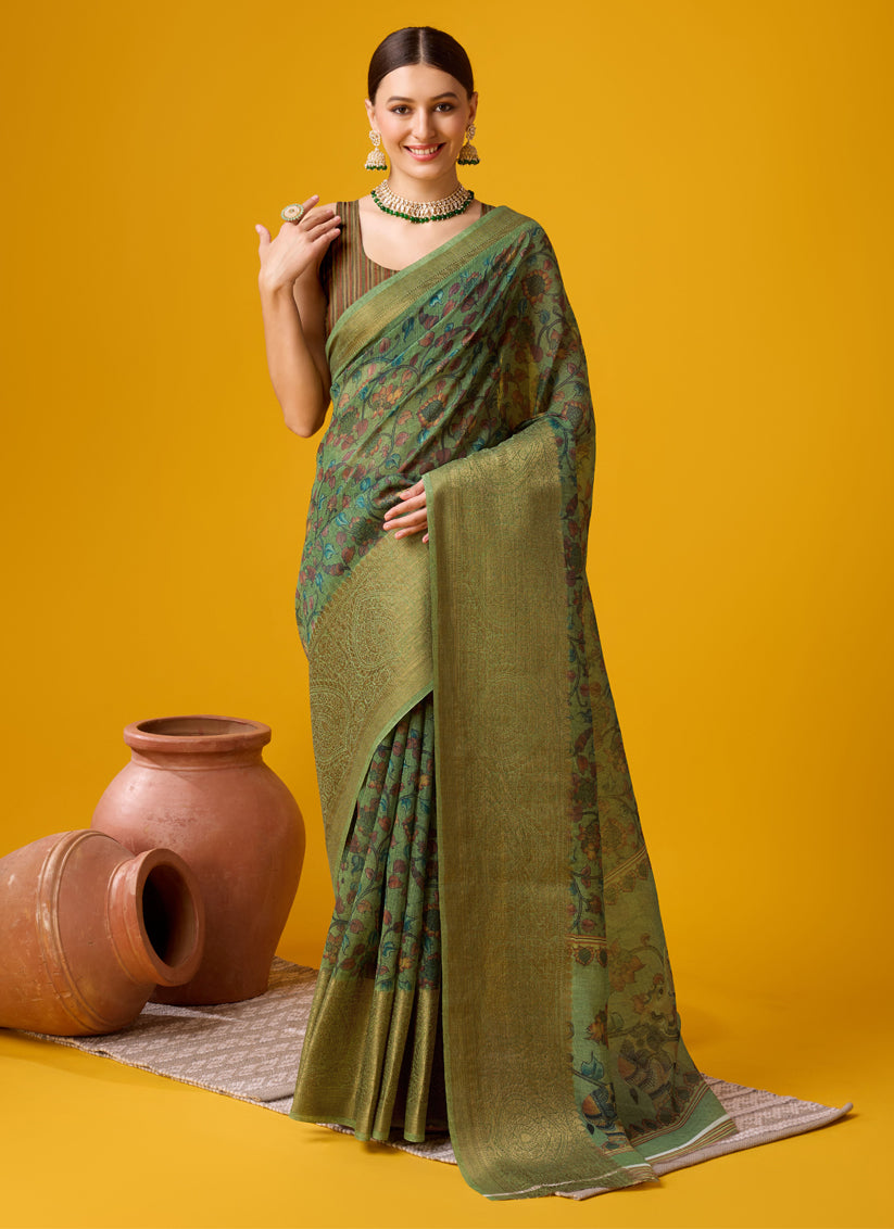 Moss Green Cotton Digital Print Saree