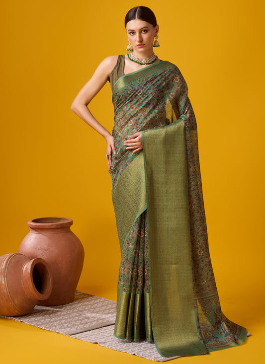 Moss Green Cotton Digital Print Saree