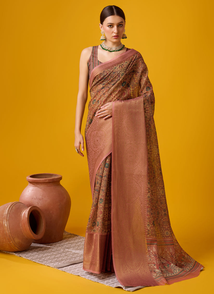 Rust Brown Cotton Digital Print Saree