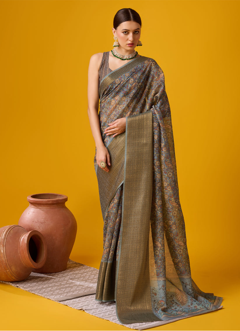 Stone Grey Cotton Digital Print Saree