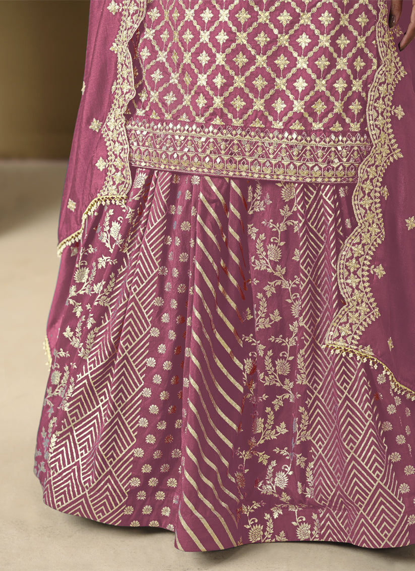 Pink Art Silk Embroidered Readymade Lehenga Kameez