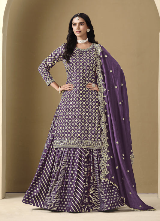 Purple Art Silk Embroidered Readymade Lehenga Kameez