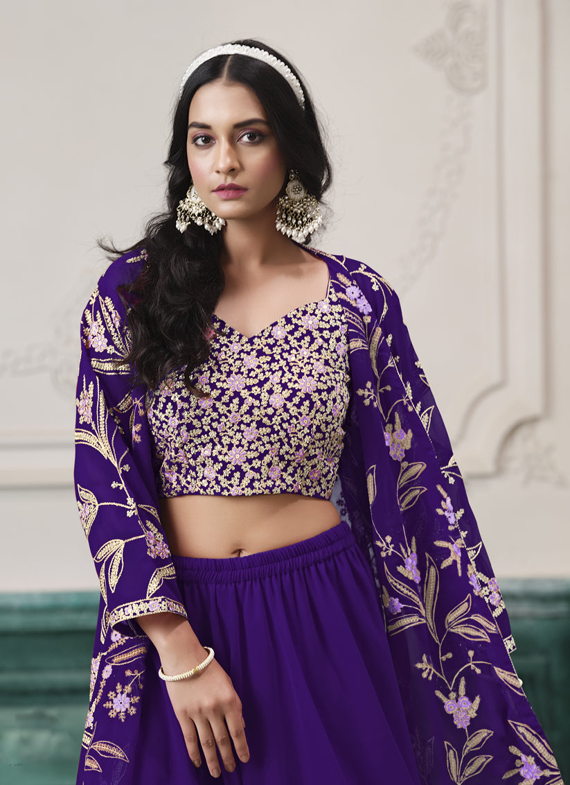 Purple Faux Georgette Embroidered Readymade IndoWestern
