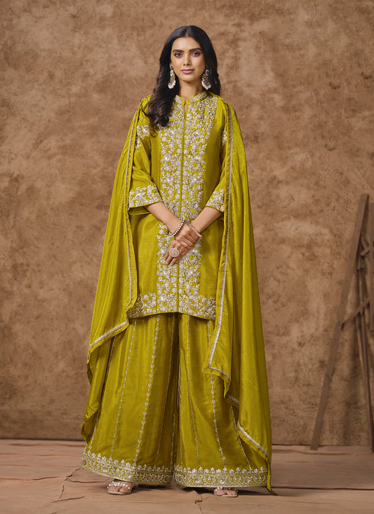 Chartreuse Green Chinnon Silk Embroidered Palazzo Kameez