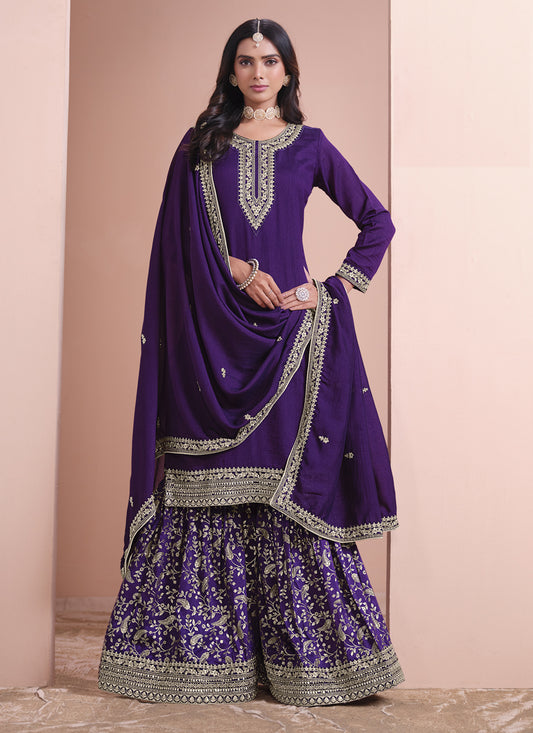 Violet Art Silk Embroidered Palazzo Kameez
