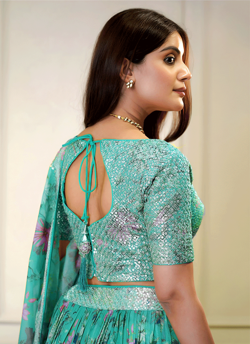 Royal Blue Floral Digital-Print Embroidered & Sequins Designer Lehenga Choli for Weddings