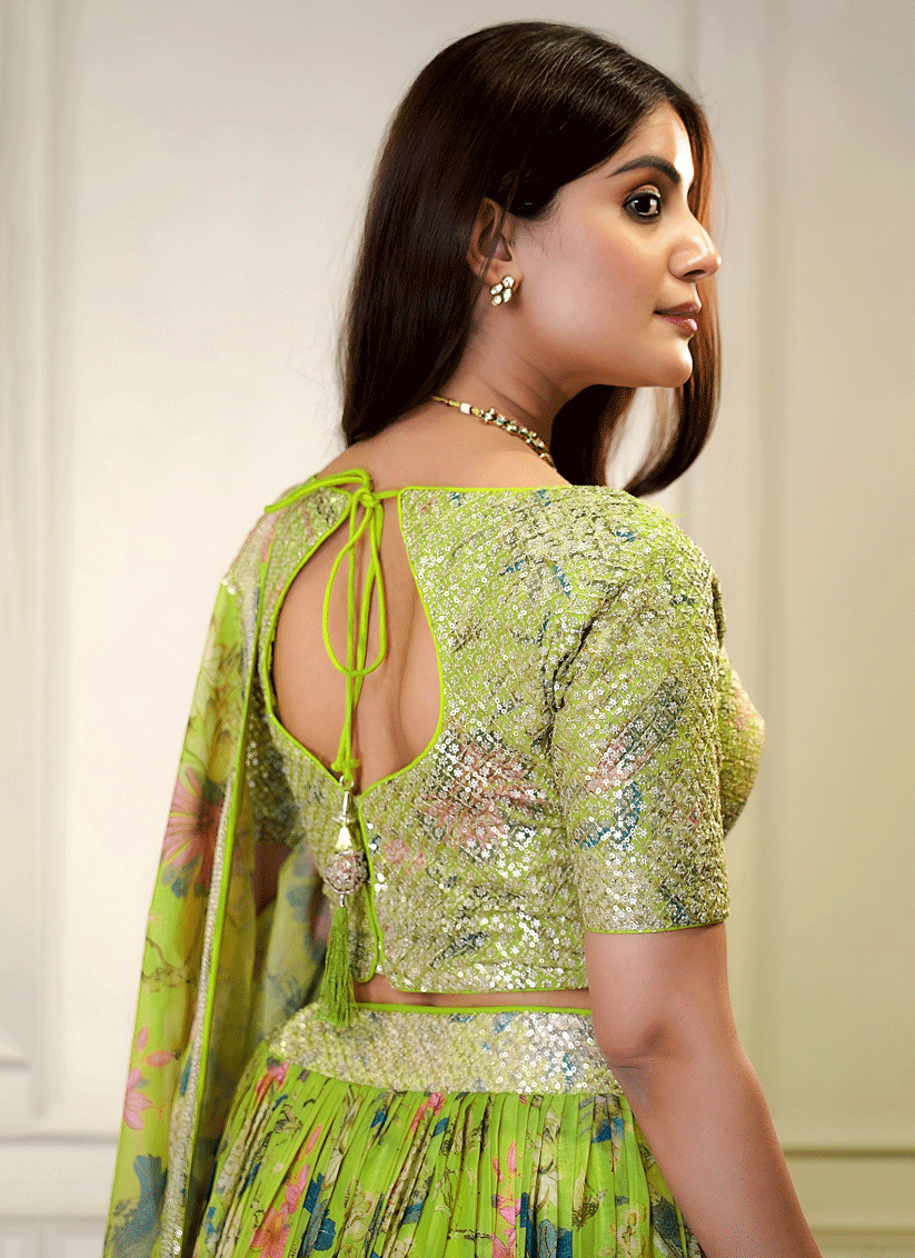 Electric Neon Floral Digital-Print Embroidered & Sequins Designer Lehenga Choli for Weddings