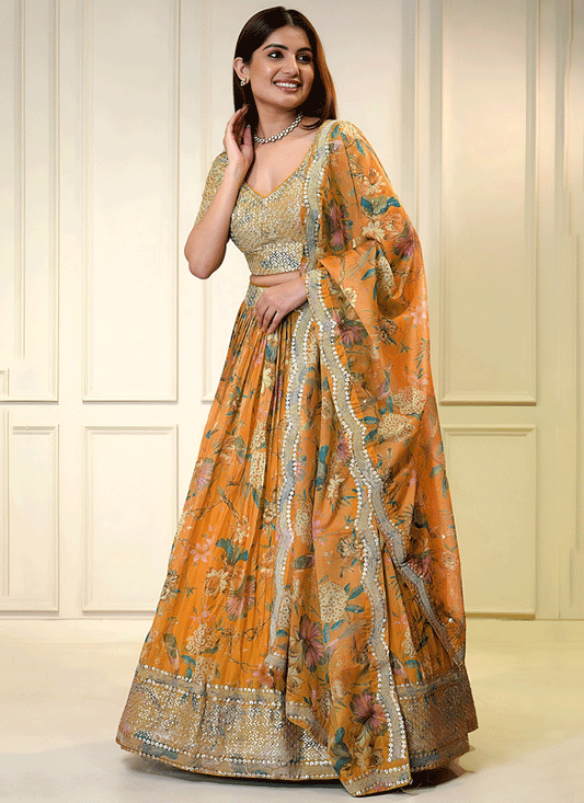 Sunset Orange Floral Digital-Print Embroidered & Sequins Designer Lehenga Choli for Weddings