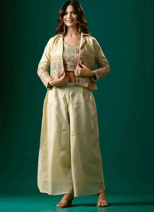 Elegant Off-White Nylon Tissue Stitched Party Wear Suit with Embroidery