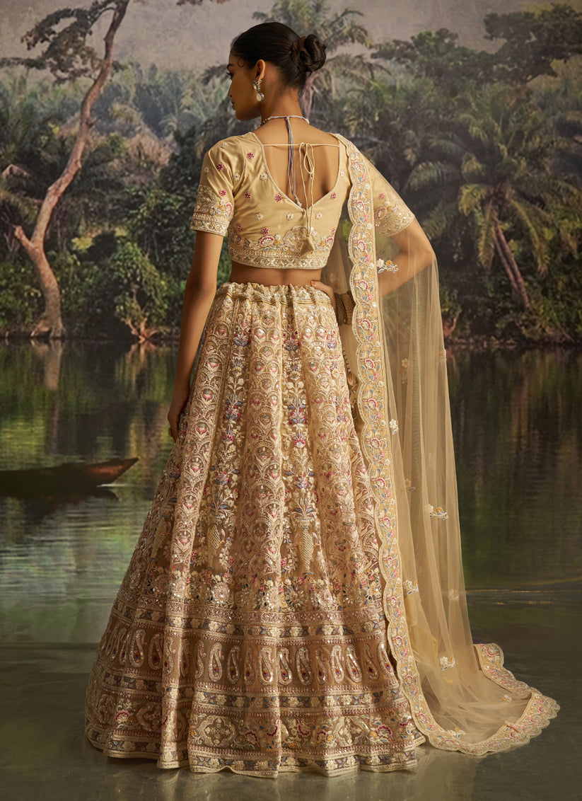 Cream Soft Embroidered Net Designer Wedding Lehenga Choli Set