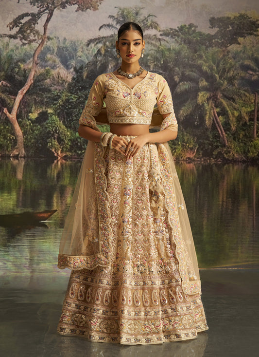 Cream Soft Embroidered Net Designer Wedding Lehenga Choli Set