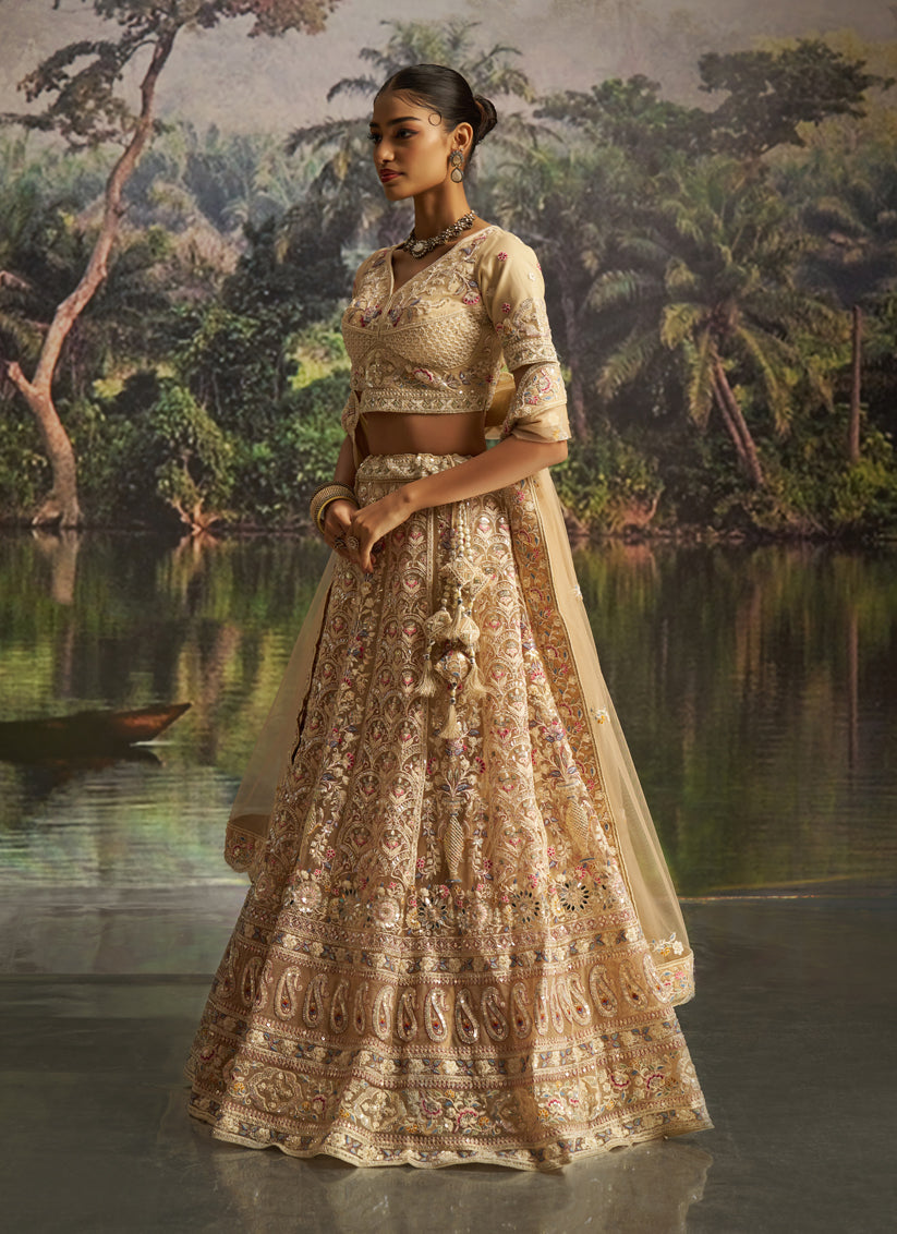Cream Soft Embroidered Net Designer Wedding Lehenga Choli Set