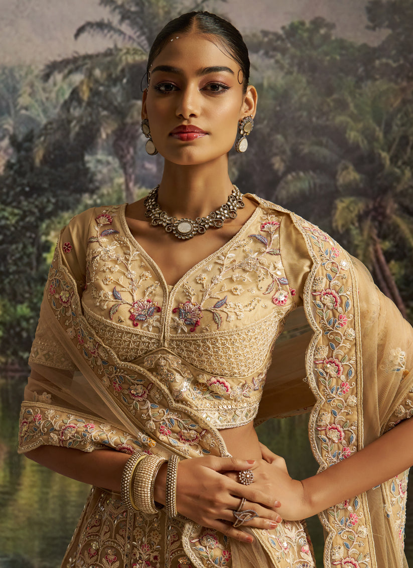 Cream Soft Embroidered Net Designer Wedding Lehenga Choli Set