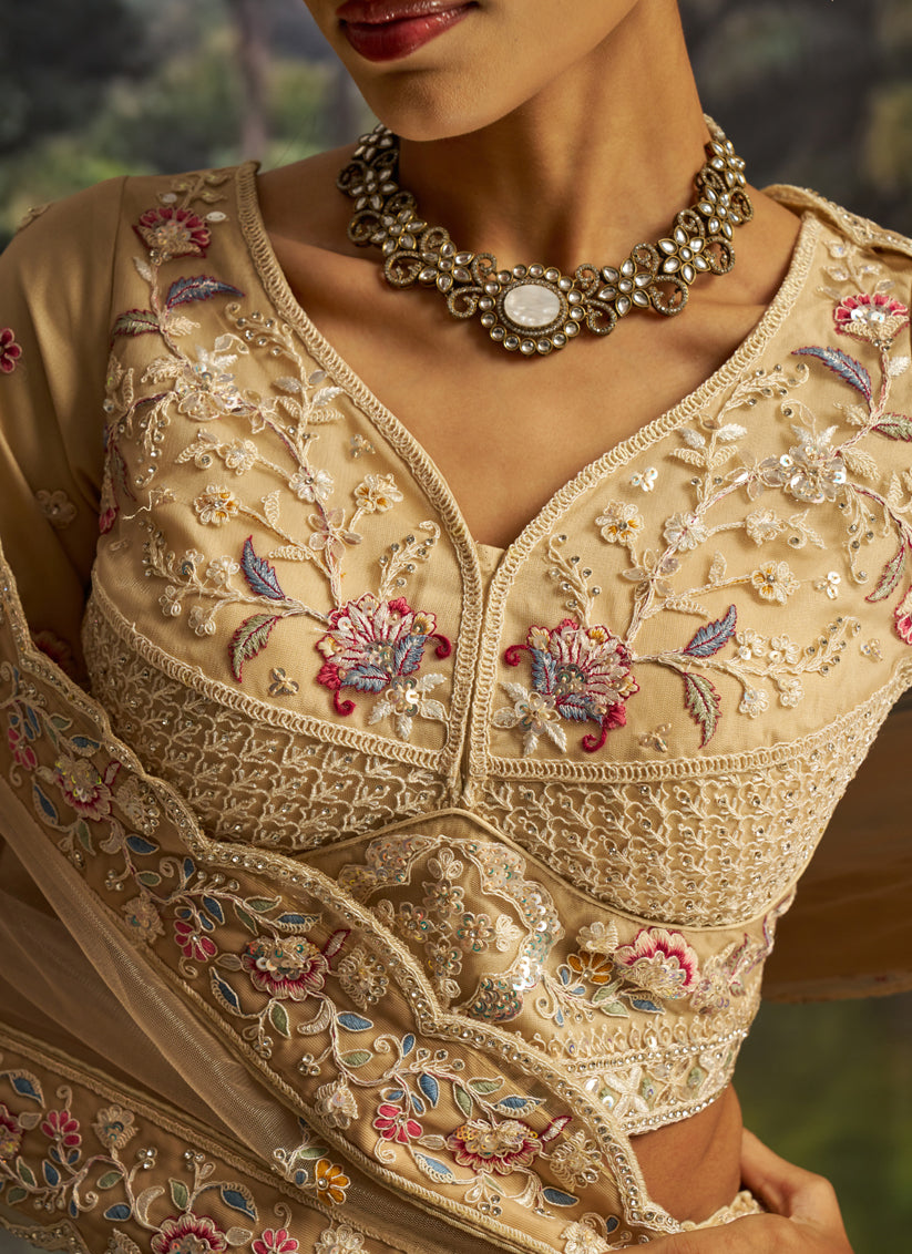 Cream Soft Embroidered Net Designer Wedding Lehenga Choli Set