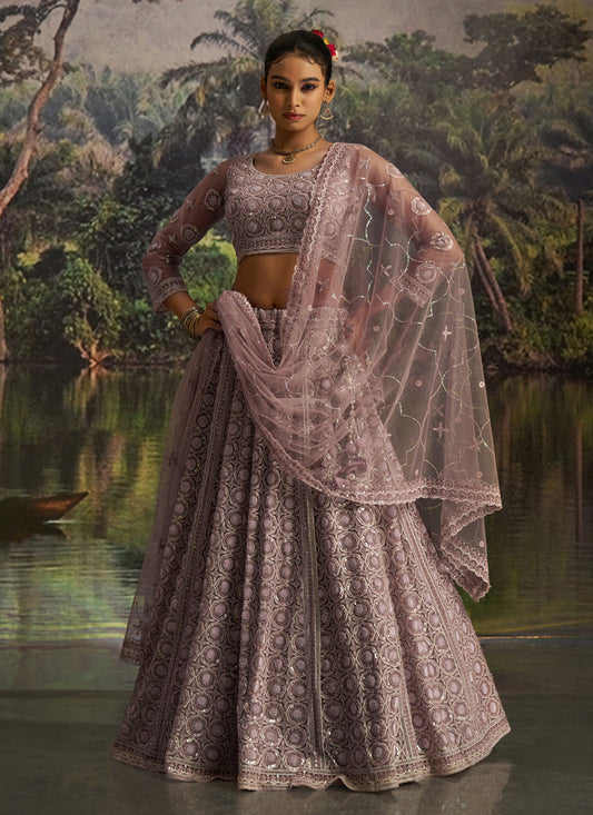 Dusty Mauve Soft Embroidered Net Designer Wedding Lehenga Choli Set