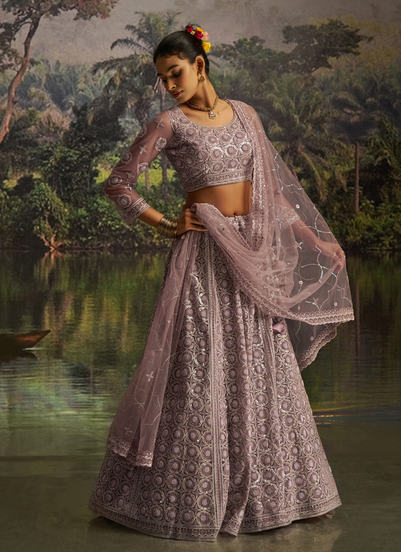 Dusty Mauve Soft Embroidered Net Designer Wedding Lehenga Choli Set