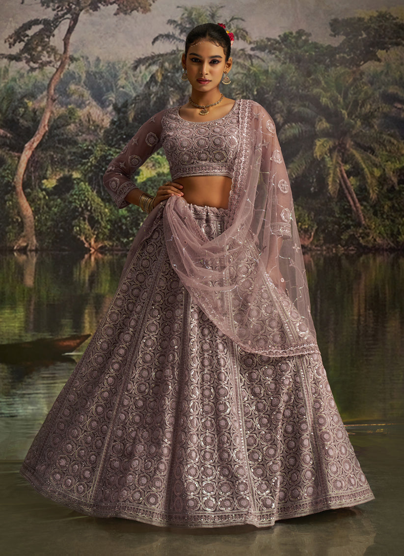 Dusty Mauve Soft Embroidered Net Designer Wedding Lehenga Choli Set